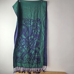 Patrick Francis Ireland Wool Acrylic Celtic Geometric Green Blue Scarf Fringe